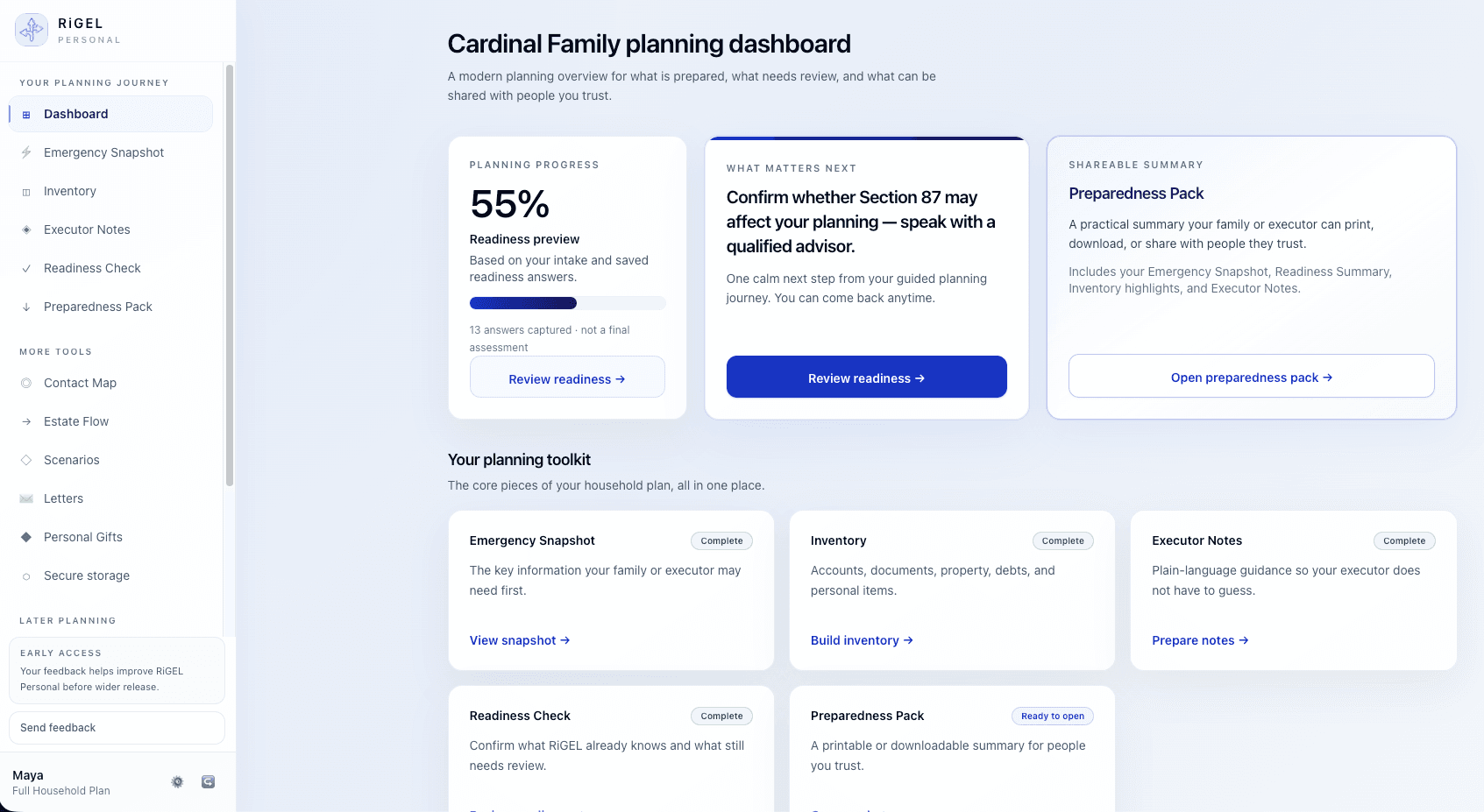 RiGEL Personal dashboard showing estate readiness, asset summaries, and next actions for a family estate profile.